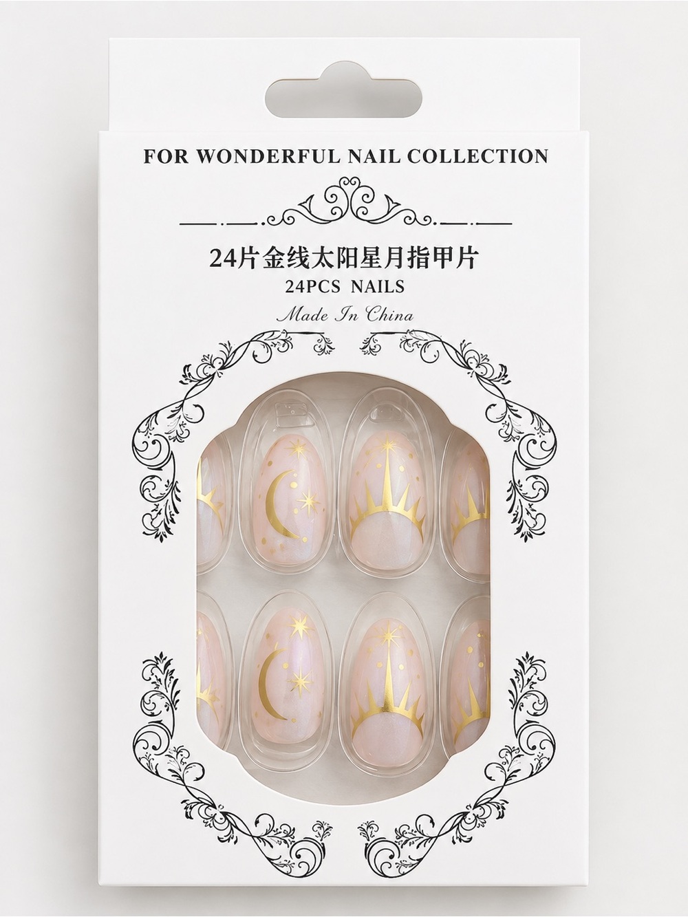 Celestial Moon Star Gold Press-On Nails Nude Pink 24pc NEW